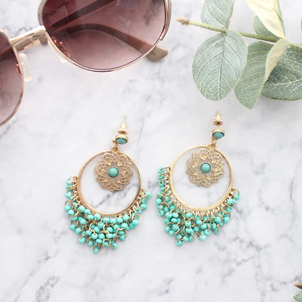 Gold & Teal Earrings Statement Earrings